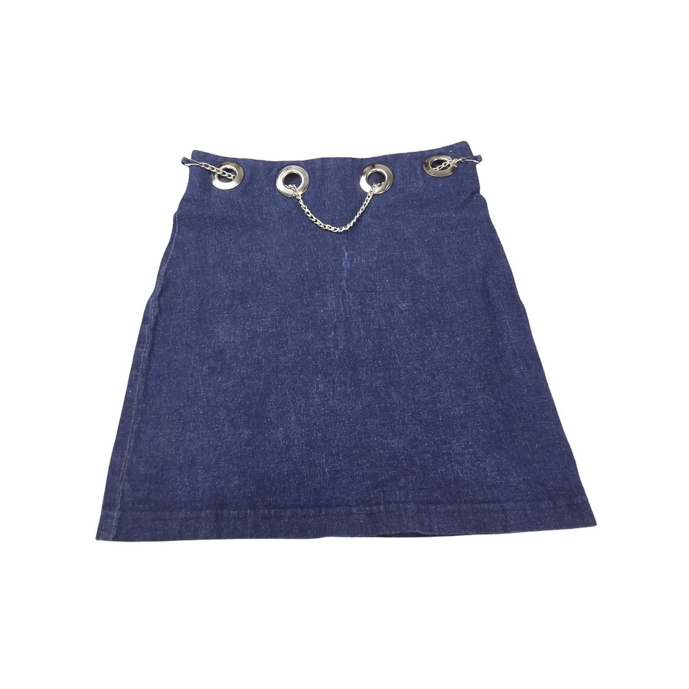 AJS Sports Vintage 90s Denim Mini Skirt Blue Grommet Chain Detail Streetwear